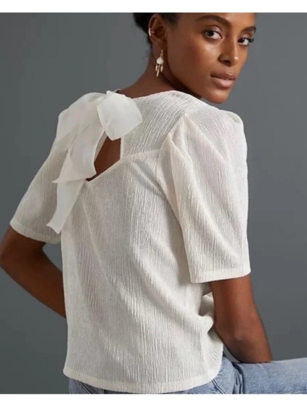 Like New Anthropologie Cream Textured Square-Neck Puff Sleeve Top